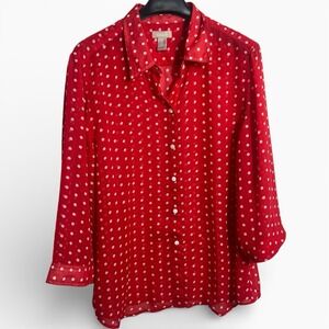Chico's Size 2 (Large 10/12) Sheer 3/4 Sleeve Chiffon Blouse Red White Polka Dot